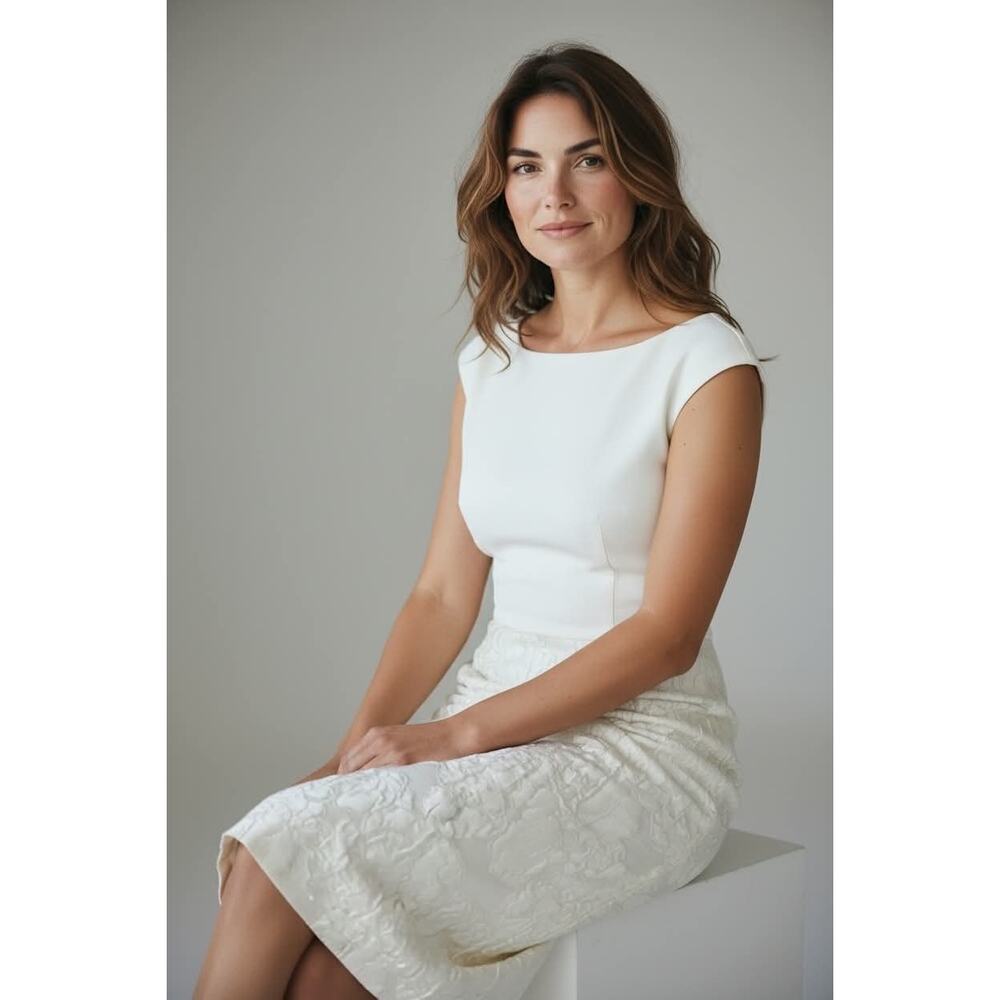 Giambattista Valli Paris Ivory Linen Silk Jacquard Dress IT 42 Italy Spring 2014